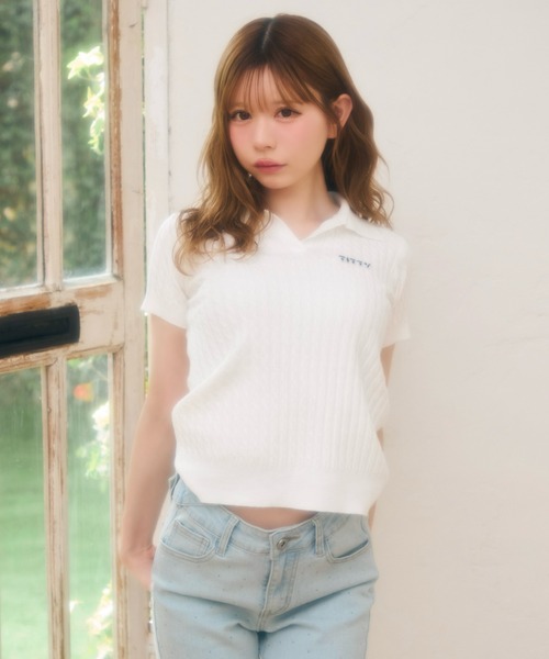 TITTY&CO.（ティティーアンドコー）の「ワンポイントロゴ入り半袖ニット（Tシャツ/カットソー・レディース・グレー/ベージュ/ブラック/アイボリー/ホワイト・FREE）」の8枚目の写真