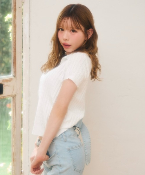 TITTY&CO.（ティティーアンドコー）の「ワンポイントロゴ入り半袖ニット（Tシャツ/カットソー・レディース・グレー/ベージュ/ブラック/アイボリー/ホワイト・FREE）」の6枚目の写真