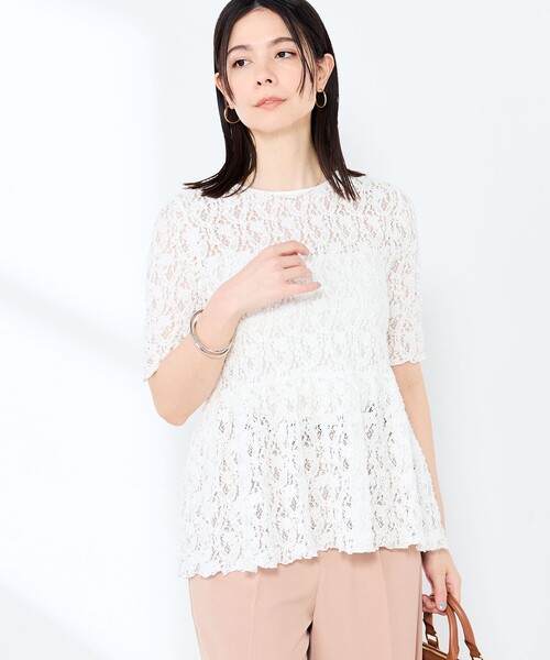 NOLLEY’S Sophi（ノーリーズソフィ）の「ウォッシャブルストレッチレースペプラム半袖プルオーバー（シャツ/ブラウス・レディース・ダークブラウン/ホワイト・38）」の2枚目の写真