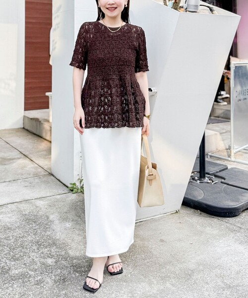 NOLLEY’S Sophi（ノーリーズソフィ）の「ウォッシャブルストレッチレースペプラム半袖プルオーバー（シャツ/ブラウス・レディース・ダークブラウン/ホワイト・38）」の3枚目の写真