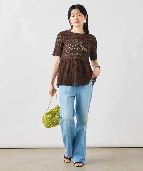 NOLLEY’S Sophi（ノーリーズソフィ）の「ウォッシャブルストレッチレースペプラム半袖プルオーバー（シャツ/ブラウス・レディース・ダークブラウン/ホワイト・38）」の8枚目の写真