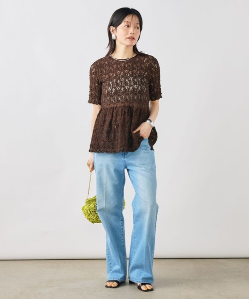 NOLLEY’S Sophi（ノーリーズソフィ）の「ウォッシャブルストレッチレースペプラム半袖プルオーバー（シャツ/ブラウス・レディース・ダークブラウン/ホワイト・38）」の9枚目の写真