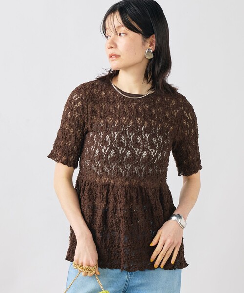 NOLLEY’S Sophi（ノーリーズソフィ）の「ウォッシャブルストレッチレースペプラム半袖プルオーバー（シャツ/ブラウス・レディース・ダークブラウン/ホワイト・38）」の13枚目の写真