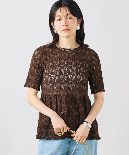 NOLLEY’S Sophi（ノーリーズソフィ）の「ウォッシャブルストレッチレースペプラム半袖プルオーバー（シャツ/ブラウス・レディース・ダークブラウン/ホワイト・38）」の16枚目の写真
