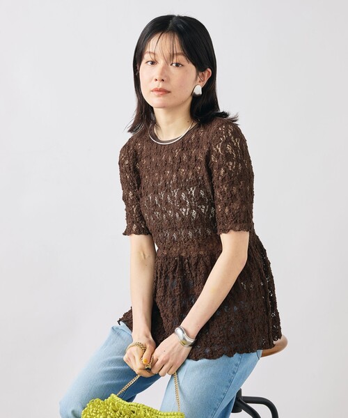 NOLLEY’S Sophi（ノーリーズソフィ）の「ウォッシャブルストレッチレースペプラム半袖プルオーバー（シャツ/ブラウス・レディース・ダークブラウン/ホワイト・38）」の19枚目の写真