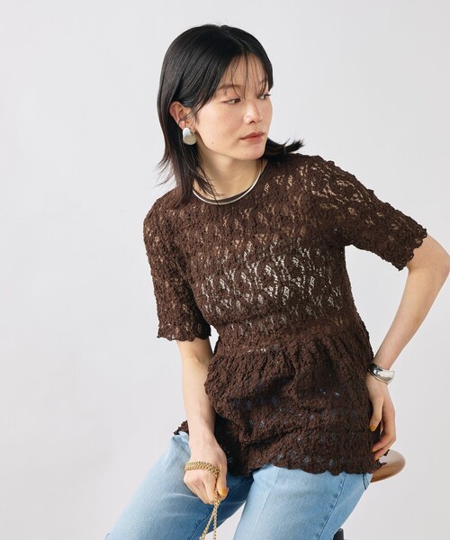 NOLLEY’S Sophi（ノーリーズソフィ）の「ウォッシャブルストレッチレースペプラム半袖プルオーバー（シャツ/ブラウス・レディース・ダークブラウン/ホワイト・38）」の20枚目の写真