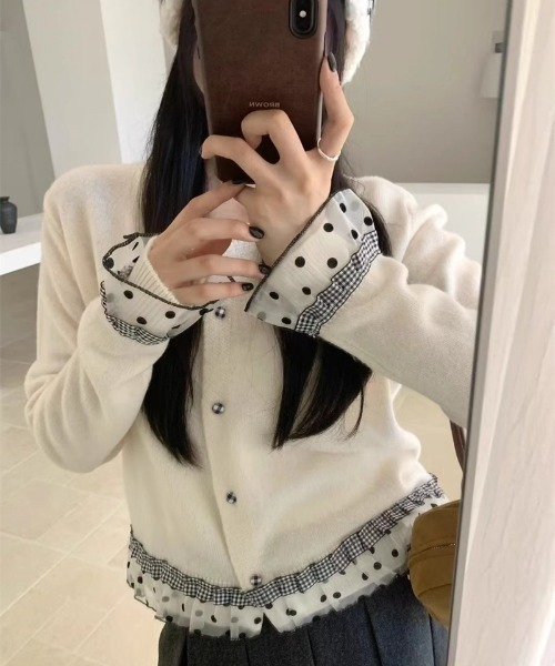 Ritzy(リッツィー)の「ドット柄 チュールデザイン スプリングニットカーディガン(カーディガン/ボレロ・レディース・ホワイト/グレー/ライトブルー/ブラック・FREE)」の2枚目の写真