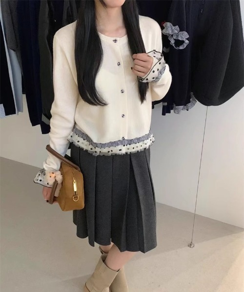 Ritzy(リッツィー)の「ドット柄 チュールデザイン スプリングニットカーディガン(カーディガン/ボレロ・レディース・ホワイト/グレー/ライトブルー/ブラック・FREE)」の6枚目の写真