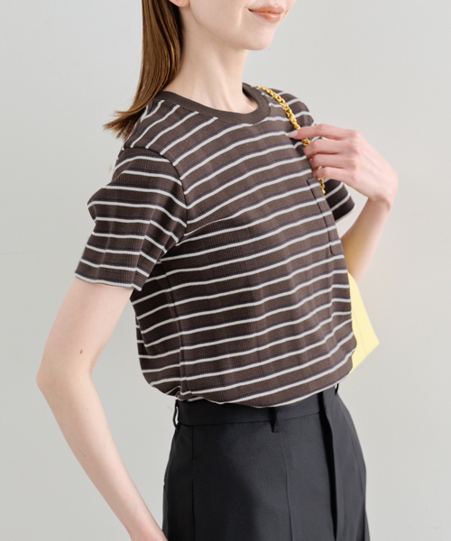 U by SPICK&SPAN(ユーバイスピックアンドスパン)の「ハリヌキリブマルチボーダーTシャツ(Tシャツ/カットソー・レディース・ブラウン/アイボリー・FREE)」の14枚目の写真