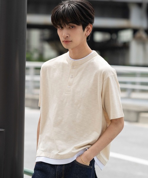 WEGO(ウィゴー)の「WEGO/フェイクレイヤードヘンリーネックT(Tシャツ/カットソー・メンズ・ライトベージュ/ブラック・MEDIUM/LARGE)」の21枚目の写真
