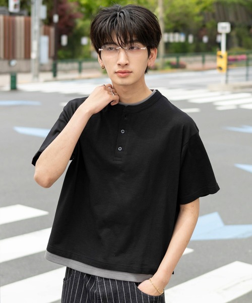 WEGO(ウィゴー)の「WEGO/フェイクレイヤードヘンリーネックT(Tシャツ/カットソー・メンズ・ライトベージュ/ブラック・MEDIUM/LARGE)」の9枚目の写真