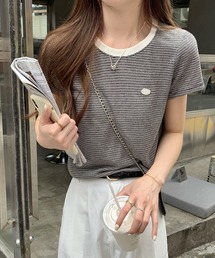ボーダーTシャツ レディース 配色ネック 半袖 カットソー 細ボーダー