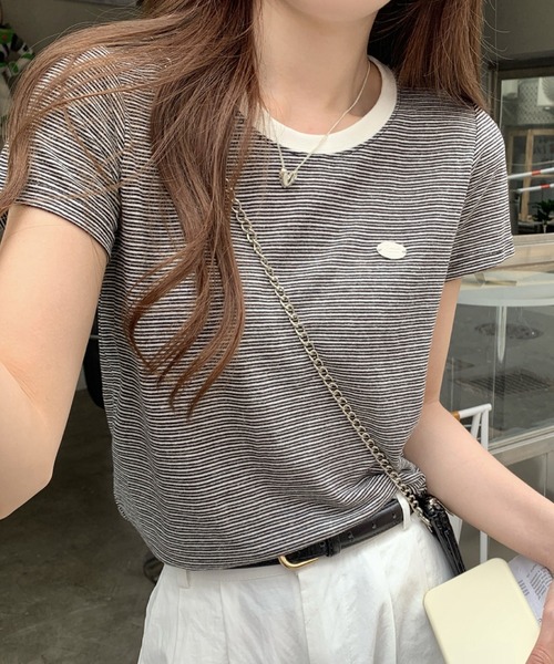 2ly2（トゥーリートゥー）の「ボーダーTシャツ レディース 配色ネック 半袖 カットソー 細ボーダー（Tシャツ/カットソー・レディース・ベージュ/ピンク/ブラック・FREE）」の19枚目の写真