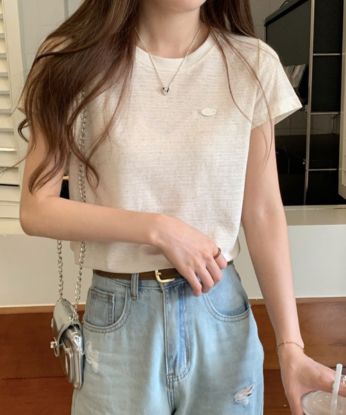 2ly2（トゥーリートゥー）の「ボーダーTシャツ レディース 配色ネック 半袖 カットソー 細ボーダー（Tシャツ/カットソー・レディース・ベージュ/ピンク/ブラック・FREE）」の6枚目の写真