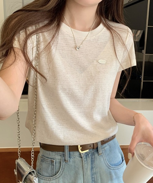 2ly2（トゥーリートゥー）の「ボーダーTシャツ レディース 配色ネック 半袖 カットソー 細ボーダー（Tシャツ/カットソー・レディース・ベージュ/ピンク/ブラック・FREE）」の7枚目の写真