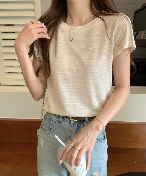 2ly2（トゥーリートゥー）の「ボーダーTシャツ レディース 配色ネック 半袖 カットソー 細ボーダー（Tシャツ/カットソー・レディース・ベージュ/ピンク/ブラック・FREE）」の8枚目の写真