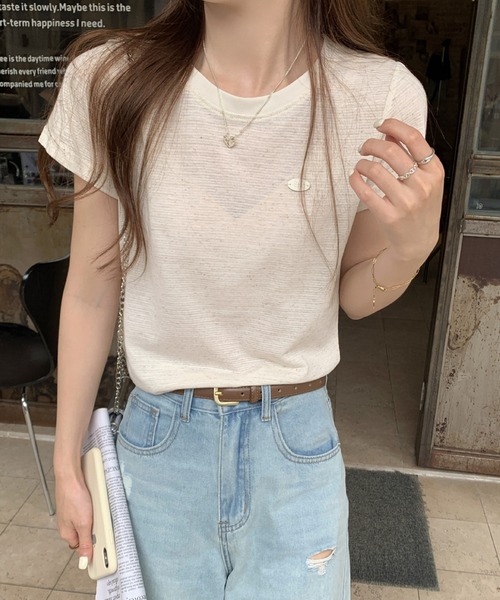 2ly2（トゥーリートゥー）の「ボーダーTシャツ レディース 配色ネック 半袖 カットソー 細ボーダー（Tシャツ/カットソー・レディース・ベージュ/ピンク/ブラック・FREE）」の9枚目の写真
