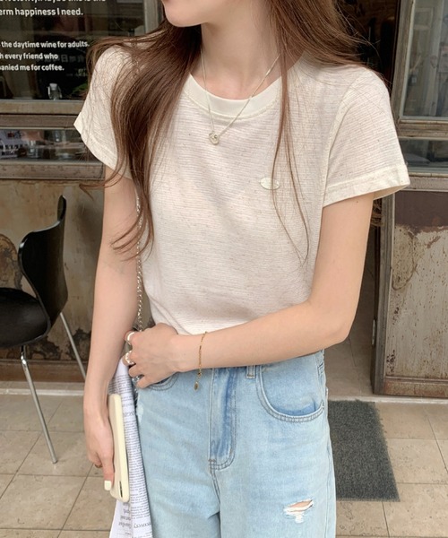 2ly2（トゥーリートゥー）の「ボーダーTシャツ レディース 配色ネック 半袖 カットソー 細ボーダー（Tシャツ/カットソー・レディース・ベージュ/ピンク/ブラック・FREE）」の10枚目の写真
