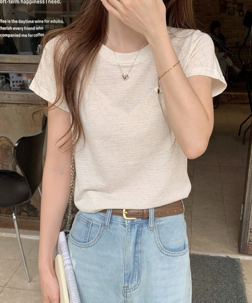 2ly2（トゥーリートゥー）の「ボーダーTシャツ レディース 配色ネック 半袖 カットソー 細ボーダー（Tシャツ/カットソー・レディース・ベージュ/ピンク/ブラック・FREE）」の13枚目の写真