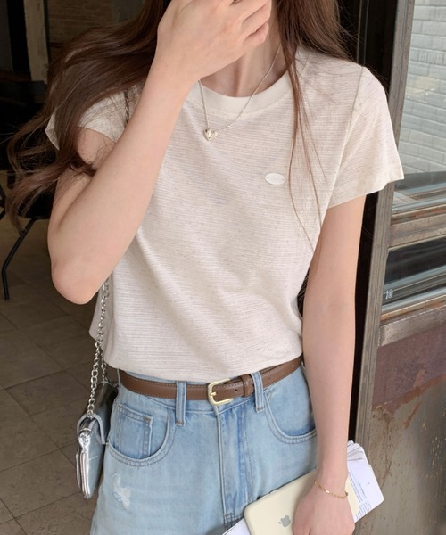 2ly2（トゥーリートゥー）の「ボーダーTシャツ レディース 配色ネック 半袖 カットソー 細ボーダー（Tシャツ/カットソー・レディース・ベージュ/ピンク/ブラック・FREE）」の14枚目の写真