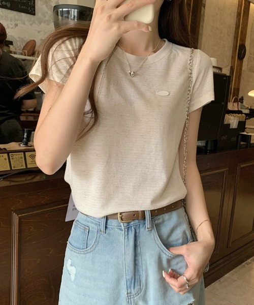 2ly2（トゥーリートゥー）の「ボーダーTシャツ レディース 配色ネック 半袖 カットソー 細ボーダー（Tシャツ/カットソー・レディース・ベージュ/ピンク/ブラック・FREE）」の15枚目の写真