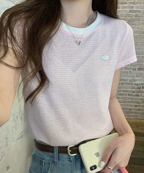 2ly2（トゥーリートゥー）の「ボーダーTシャツ レディース 配色ネック 半袖 カットソー 細ボーダー（Tシャツ/カットソー・レディース・ベージュ/ピンク/ブラック・FREE）」の16枚目の写真
