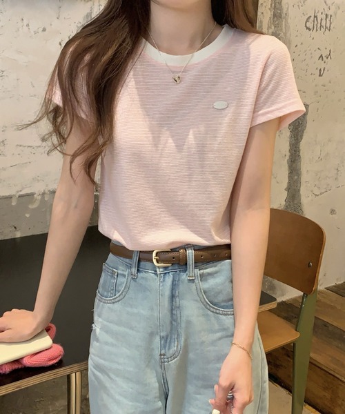 2ly2（トゥーリートゥー）の「ボーダーTシャツ レディース 配色ネック 半袖 カットソー 細ボーダー（Tシャツ/カットソー・レディース・ベージュ/ピンク/ブラック・FREE）」の17枚目の写真