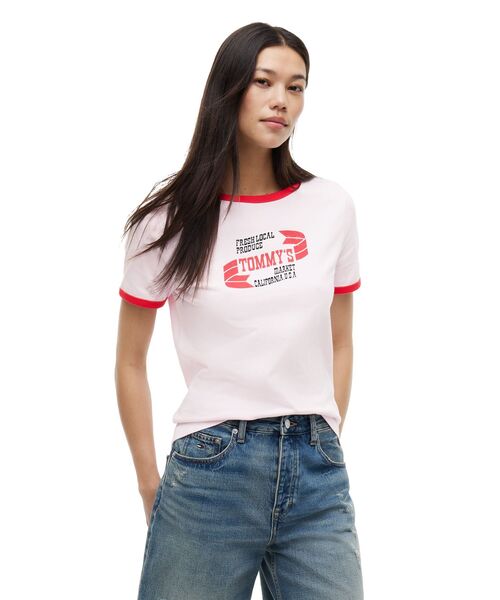 tommy jeans(トミー ジーンズ)の「プリントショートスリーブTシャツ(Tシャツ/カットソー・レディース・マルチ/ピンク/ホワイト・SMALL/MEDIUM/X-SMALL/LARGE)」の1枚目の写真
