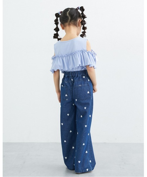 QUNTSTYLE（キュントスタイル）の「ハート刺しゅうデニムワイドパンツ（デニムパンツ・キッズ・ブラック/ネイビー/サックスブルー・150/140/130/120/110/100/160）」の7枚目の写真