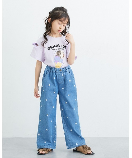 QUNTSTYLE（キュントスタイル）の「ハート刺しゅうデニムワイドパンツ（デニムパンツ・キッズ・ブラック/ネイビー/サックスブルー・150/140/130/120/110/100/160）」の12枚目の写真