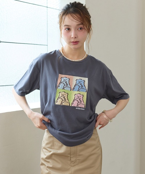 cross marche(クロスマルシェ)の「【サンドイッチハウスメルヘン】サガラ刺繍アートメルるん♪半袖Tシャツ(Tシャツ/カットソー・レディース・チャコール/ピンク・M/LL/L)」の1枚目の写真