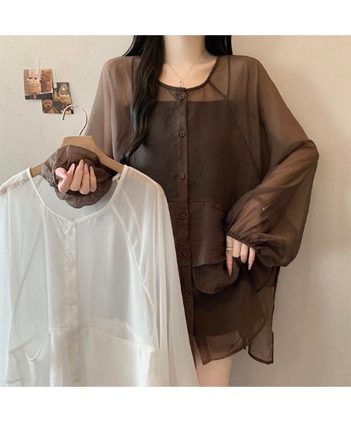 witch(ウイッチ)の「シアー素材長袖レイヤードシャツ(シャツ/ブラウス・レディース・ブラウン/ホワイト/ブラック・FREE)」の6枚目の写真