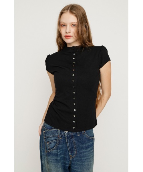 SLY(スライ)の「BUTTON LINE CAP S/L TOPS ボタンラインキャップスリーブトップス 夏服 秋服(Tシャツ/カットソー・レディース・ブラック/アイボリー/ダークパープル・FREE)」の11枚目の写真