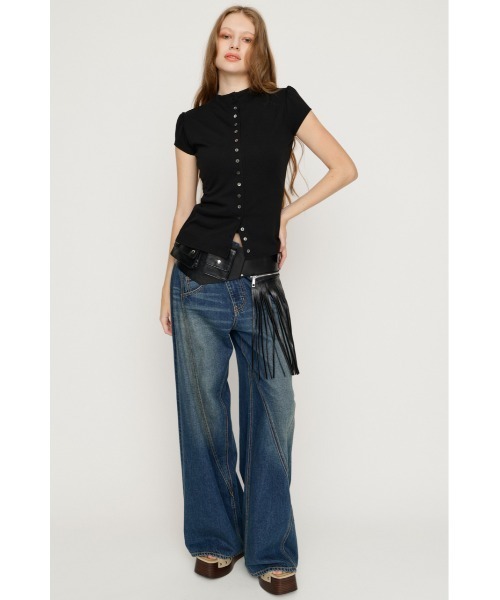 SLY(スライ)の「BUTTON LINE CAP S/L TOPS ボタンラインキャップスリーブトップス 夏服 秋服(Tシャツ/カットソー・レディース・ブラック/アイボリー/ダークパープル・FREE)」の12枚目の写真