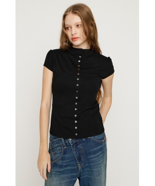 SLY(スライ)の「BUTTON LINE CAP S/L TOPS ボタンラインキャップスリーブトップス 夏服 秋服(Tシャツ/カットソー・レディース・ブラック/アイボリー/ダークパープル・FREE)」の13枚目の写真