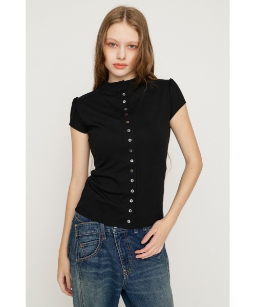 SLY(スライ)の「BUTTON LINE CAP S/L TOPS ボタンラインキャップスリーブトップス 夏服 秋服(Tシャツ/カットソー・レディース・ブラック/アイボリー/ダークパープル・FREE)」の14枚目の写真