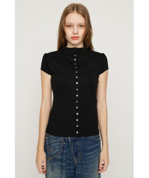 SLY(スライ)の「BUTTON LINE CAP S/L TOPS ボタンラインキャップスリーブトップス 夏服 秋服(Tシャツ/カットソー・レディース・ブラック/アイボリー/ダークパープル・FREE)」の15枚目の写真