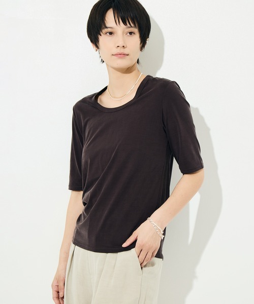 KEY TIMEZ（キータイムズ）の「[KEY TIMEZ/キータイムズ]ファインキュプラジャージートップス（Tシャツ/カットソー・レディース・ブラウン/ホワイト・2/1）」の5枚目の写真