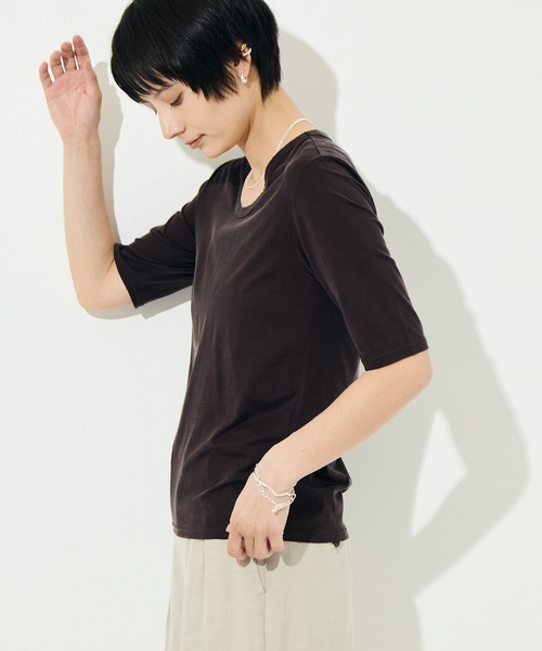 KEY TIMEZ（キータイムズ）の「[KEY TIMEZ/キータイムズ]ファインキュプラジャージートップス（Tシャツ/カットソー・レディース・ブラウン/ホワイト・2/1）」の6枚目の写真