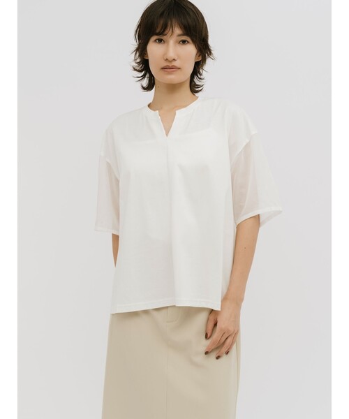 MIDIUMISOLID(ミディウミソリッド)の「MIDIUMISOLID for Ladies シアースリーブスキッパープルオーバー(Tシャツ/カットソー・レディース・ネイビー/ブラウン/オフホワイト/ブラック・FREE)」の1枚目の写真