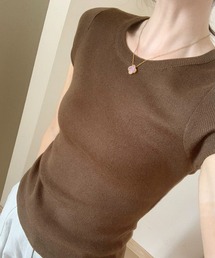 リブニット 半袖トップス クルーネック フィットシルエット サマーニット