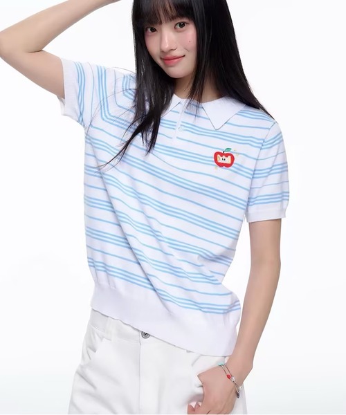 AsheKsha(アシクシャ)の「ストライプのラペル付き半袖ポロシャツ(Tシャツ/カットソー・レディース・ホワイト・M)」の1枚目の写真