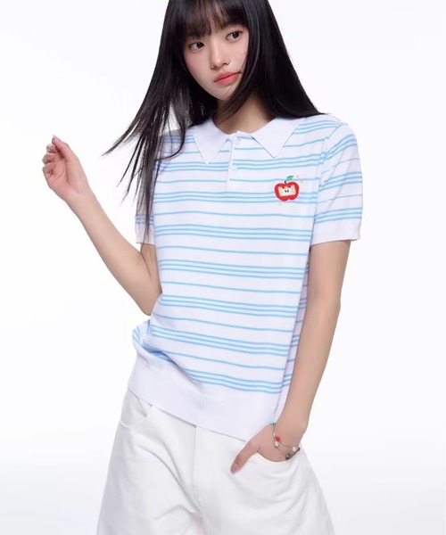 AsheKsha(アシクシャ)の「ストライプのラペル付き半袖ポロシャツ(Tシャツ/カットソー・レディース・ホワイト・M)」の2枚目の写真