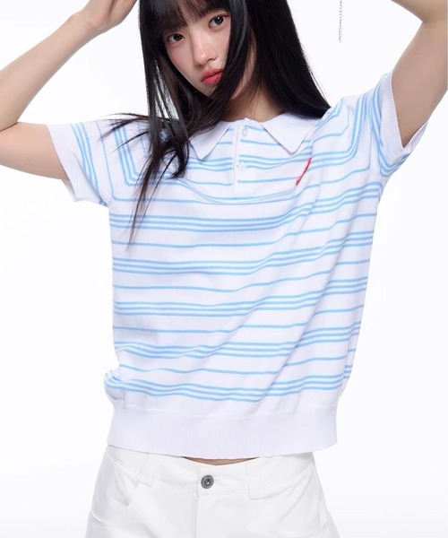 AsheKsha(アシクシャ)の「ストライプのラペル付き半袖ポロシャツ(Tシャツ/カットソー・レディース・ホワイト・M)」の3枚目の写真