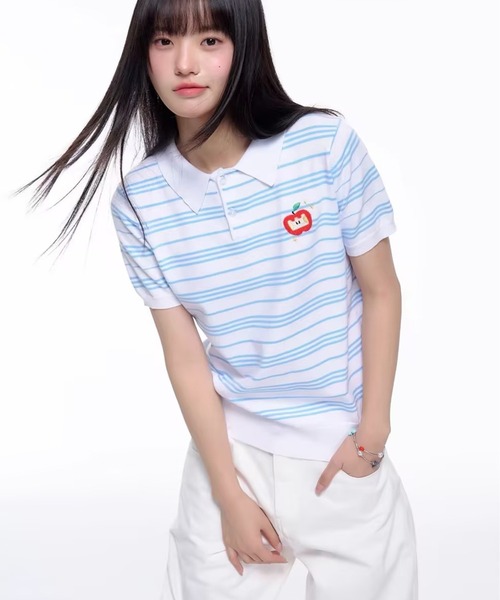 AsheKsha(アシクシャ)の「ストライプのラペル付き半袖ポロシャツ(Tシャツ/カットソー・レディース・ホワイト・M)」の4枚目の写真