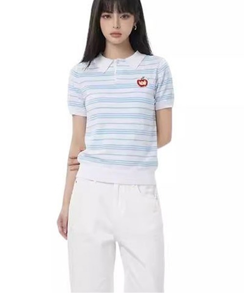 AsheKsha(アシクシャ)の「ストライプのラペル付き半袖ポロシャツ(Tシャツ/カットソー・レディース・ホワイト・M)」の5枚目の写真