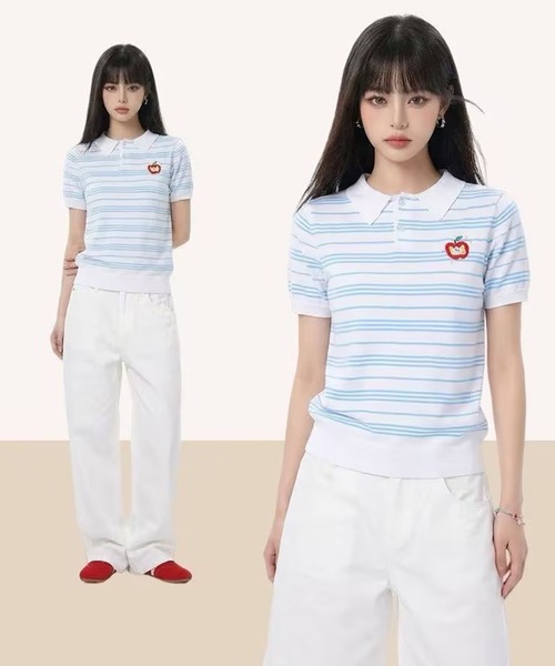 AsheKsha(アシクシャ)の「ストライプのラペル付き半袖ポロシャツ(Tシャツ/カットソー・レディース・ホワイト・M)」の6枚目の写真