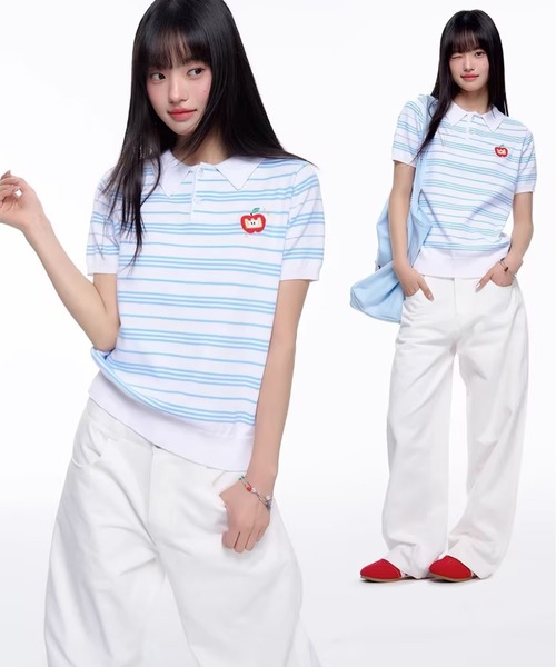AsheKsha(アシクシャ)の「ストライプのラペル付き半袖ポロシャツ(Tシャツ/カットソー・レディース・ホワイト・M)」の7枚目の写真