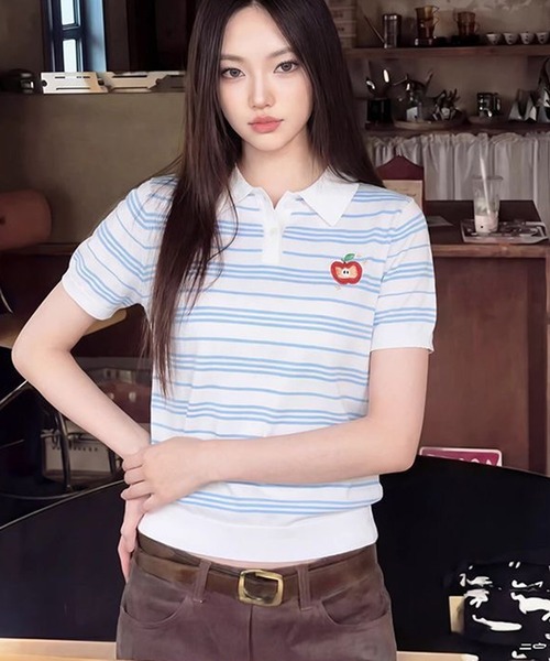 AsheKsha(アシクシャ)の「ストライプのラペル付き半袖ポロシャツ(Tシャツ/カットソー・レディース・ホワイト・M)」の9枚目の写真