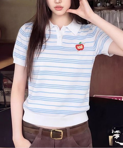 AsheKsha(アシクシャ)の「ストライプのラペル付き半袖ポロシャツ(Tシャツ/カットソー・レディース・ホワイト・M)」の10枚目の写真